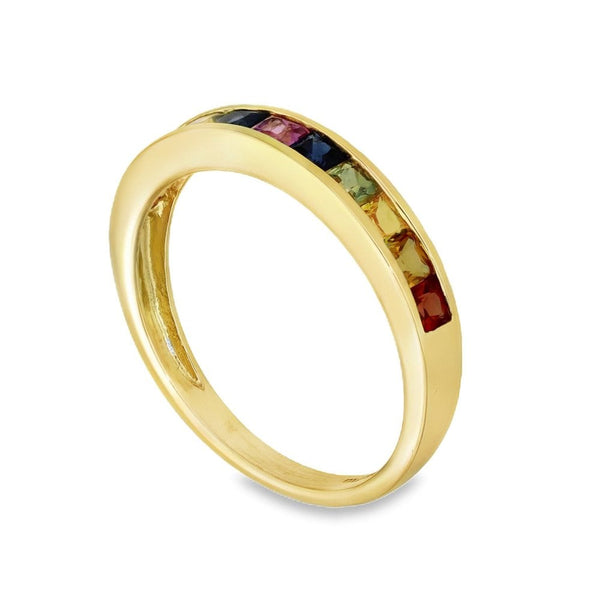 9ct Yellow Gold Multicoloured Gemstone Rainbow Ring - Size P