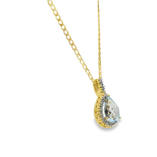 9ct Yellow Gold Topaz & Diamond Pear Shaped Pendant - 16" - 4.2g