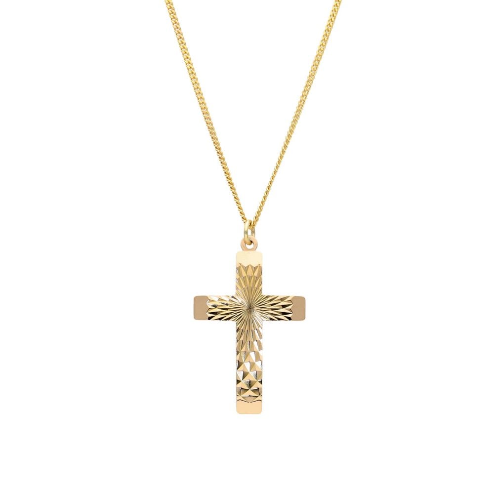 9ct Yellow Gold Starburst Cross Pendant & Necklace - 16" - 6.7g