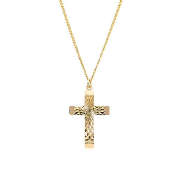 9ct Yellow Gold Starburst Cross Pendant & Necklace - 16" - 6.7g