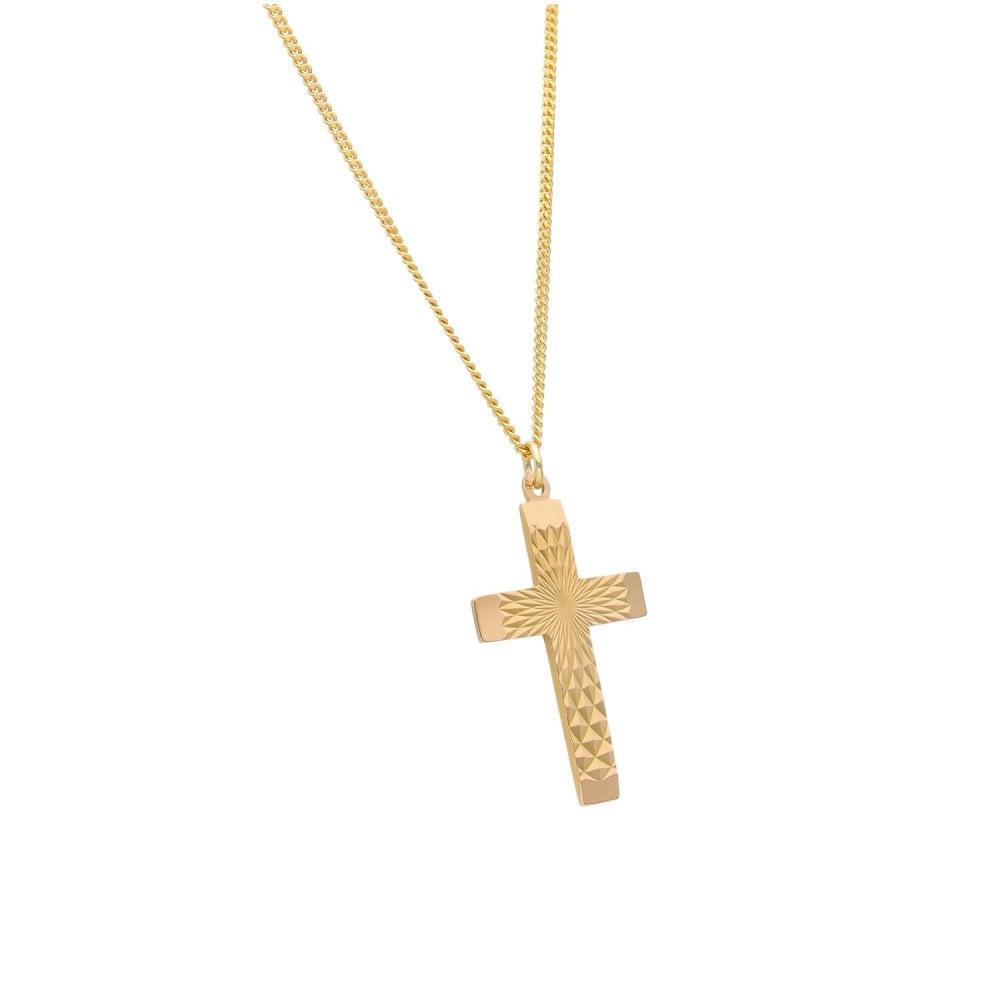 9ct Yellow Gold Starburst Cross Pendant & Necklace - 16" - 6.7g