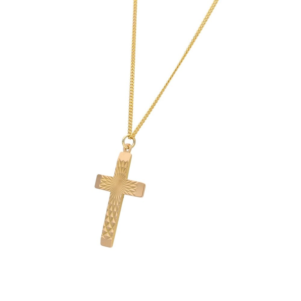 9ct Yellow Gold Starburst Cross Pendant & Necklace - 16" - 6.7g