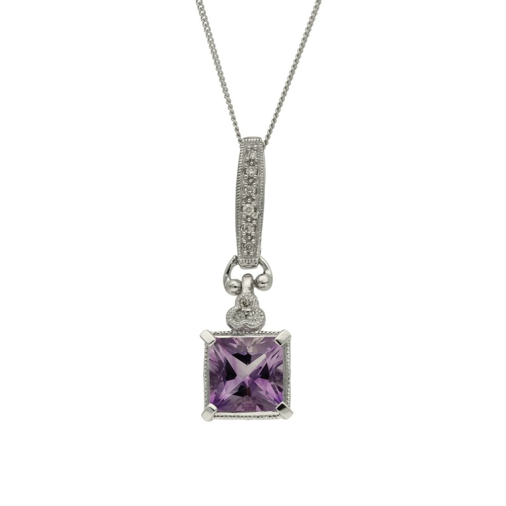 9ct White Gold Amethyst & CZ Pendant & Necklace - 20" - 2.4g