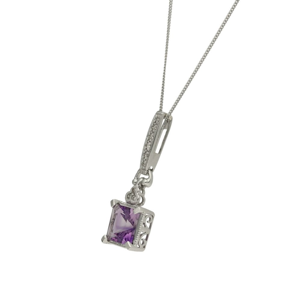 9ct White Gold Amethyst & CZ Pendant & Necklace - 20" - 2.4g