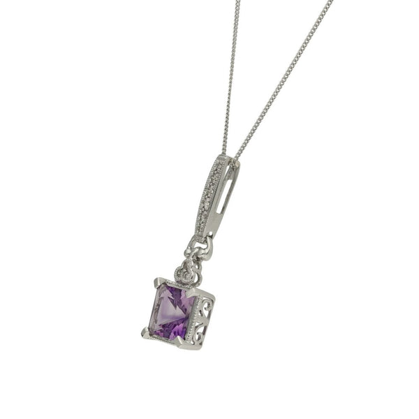 9ct White Gold Amethyst & CZ Pendant & Necklace - 20" - 2.4g
