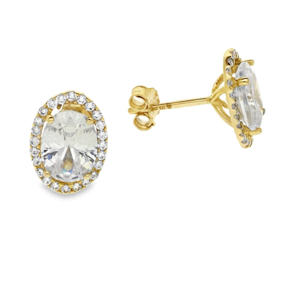 9ct Yellow Gold Oval Cluster Cubic Zirconia Stud Earrings