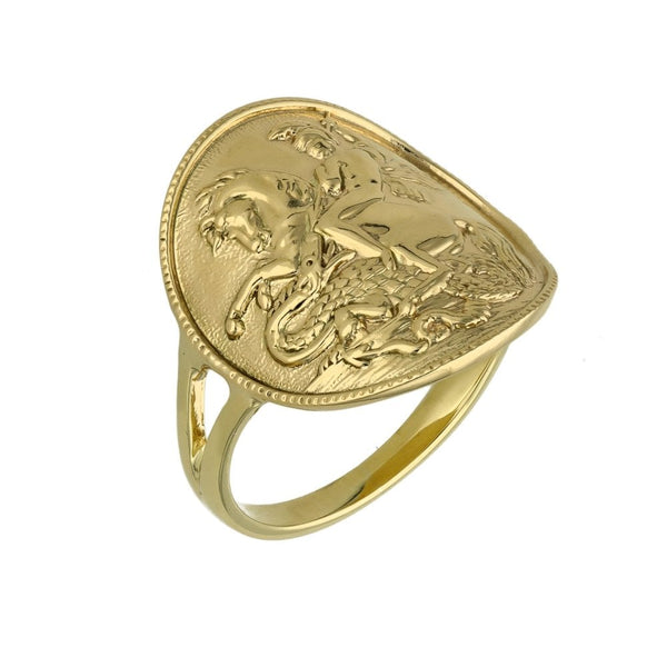 9ct Yellow Gold Bent Over St. George Ring - Size M - 3.9g