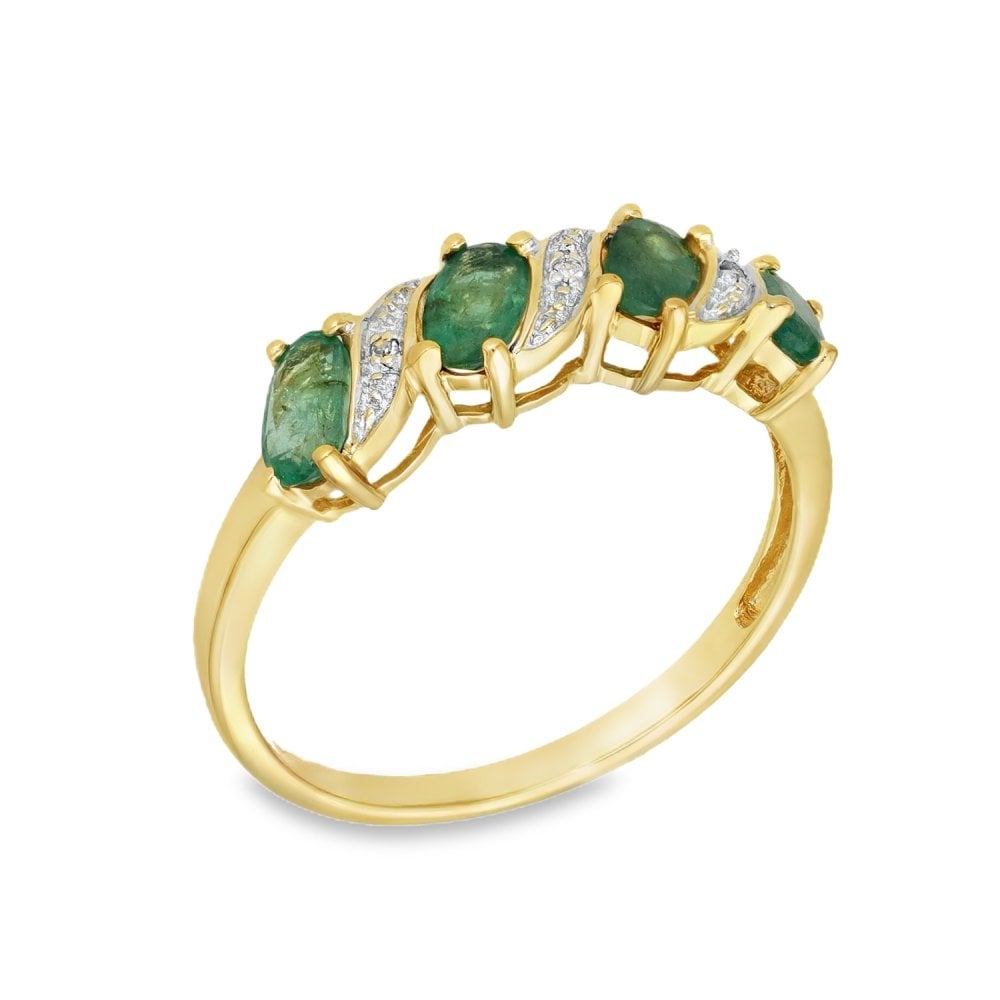 9ct Yellow Gold Emerald & Diamond Dress Ring - Size P