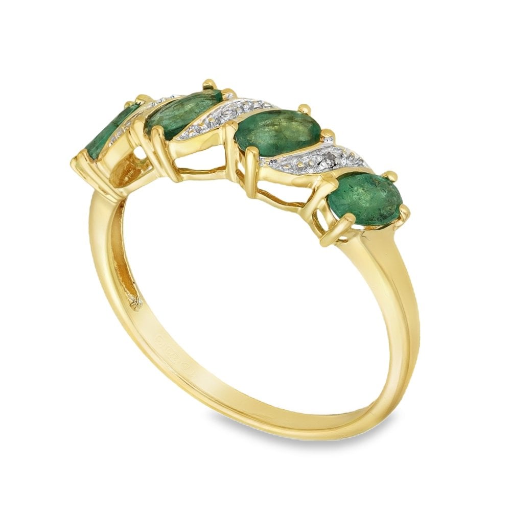9ct Yellow Gold Emerald & Diamond Dress Ring - Size P