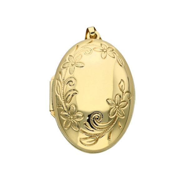 9ct Yellow Gold Flower Engraved Locket - 23x35x13mm - 4.3g