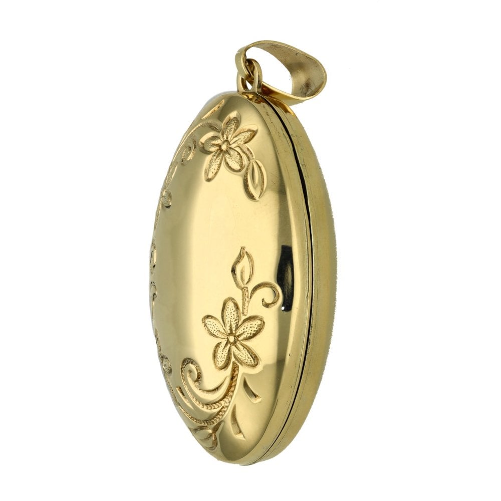 9ct Yellow Gold Flower Engraved Locket - 23x35x13mm - 4.3g