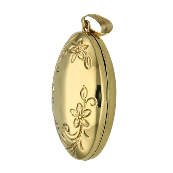 9ct Yellow Gold Flower Engraved Locket - 23x35x13mm - 4.3g