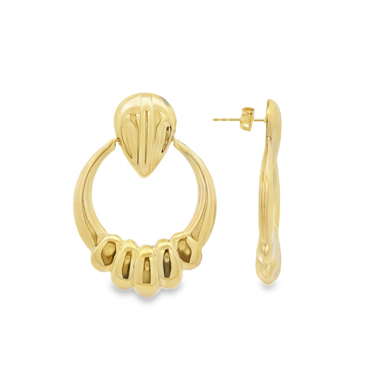 9ct Yellow Gold Drop Hoop Knocker Earrings - 26x37x14mm - 3.7g