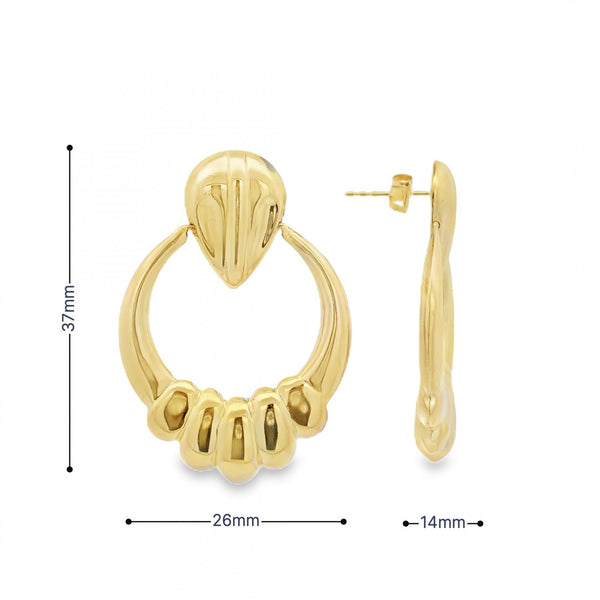 9ct Yellow Gold Drop Hoop Knocker Earrings - 26x37x14mm - 3.7g