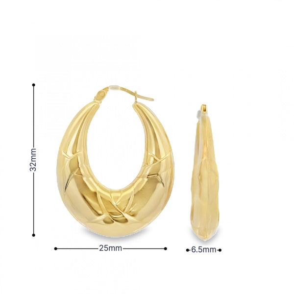 9ct Yellow Gold Oval Creole Earrings - 25x32x6.5mm - 4.0g
