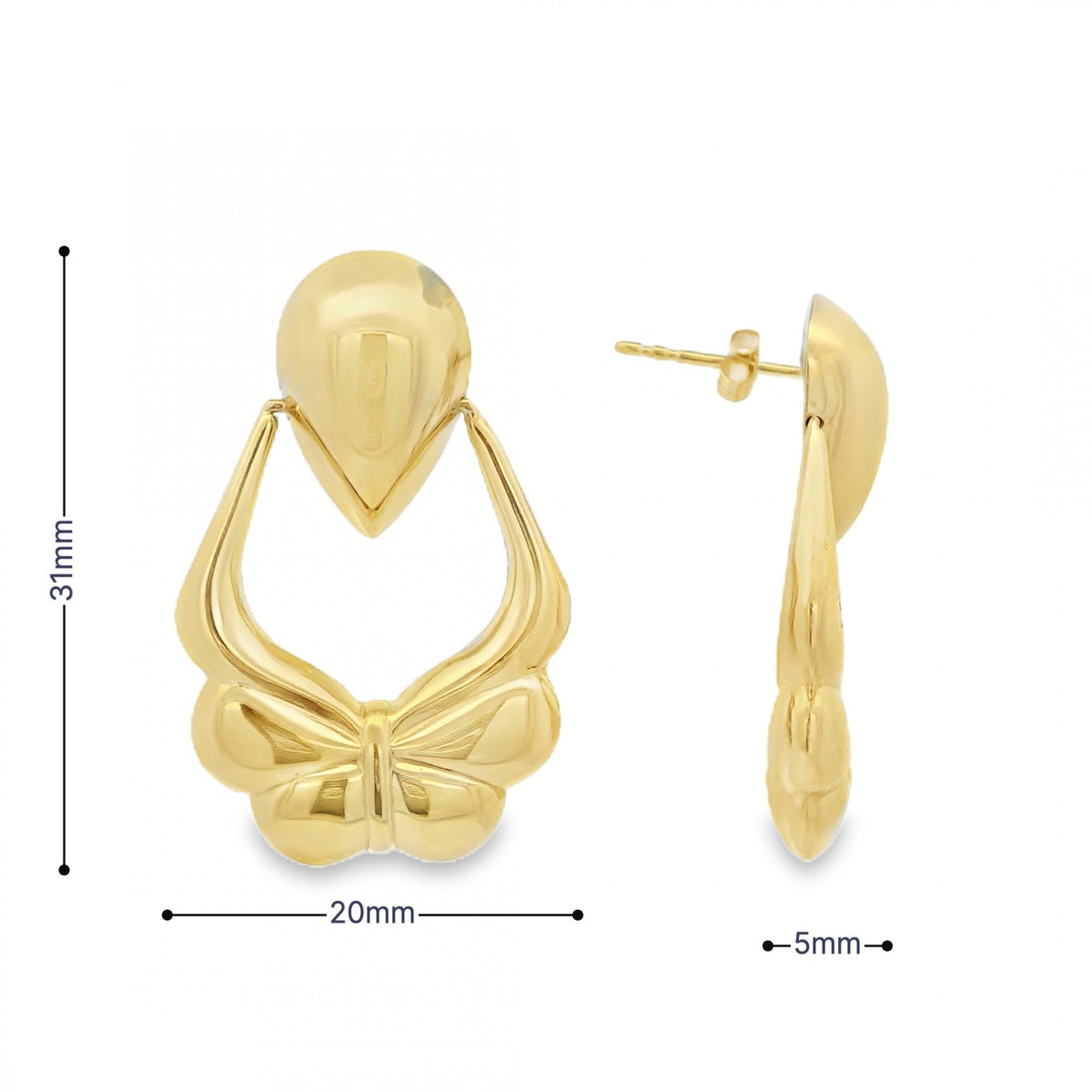 9ct Yellow Gold Bow Knocker Earrings - 20x31x5mm - 2.7g