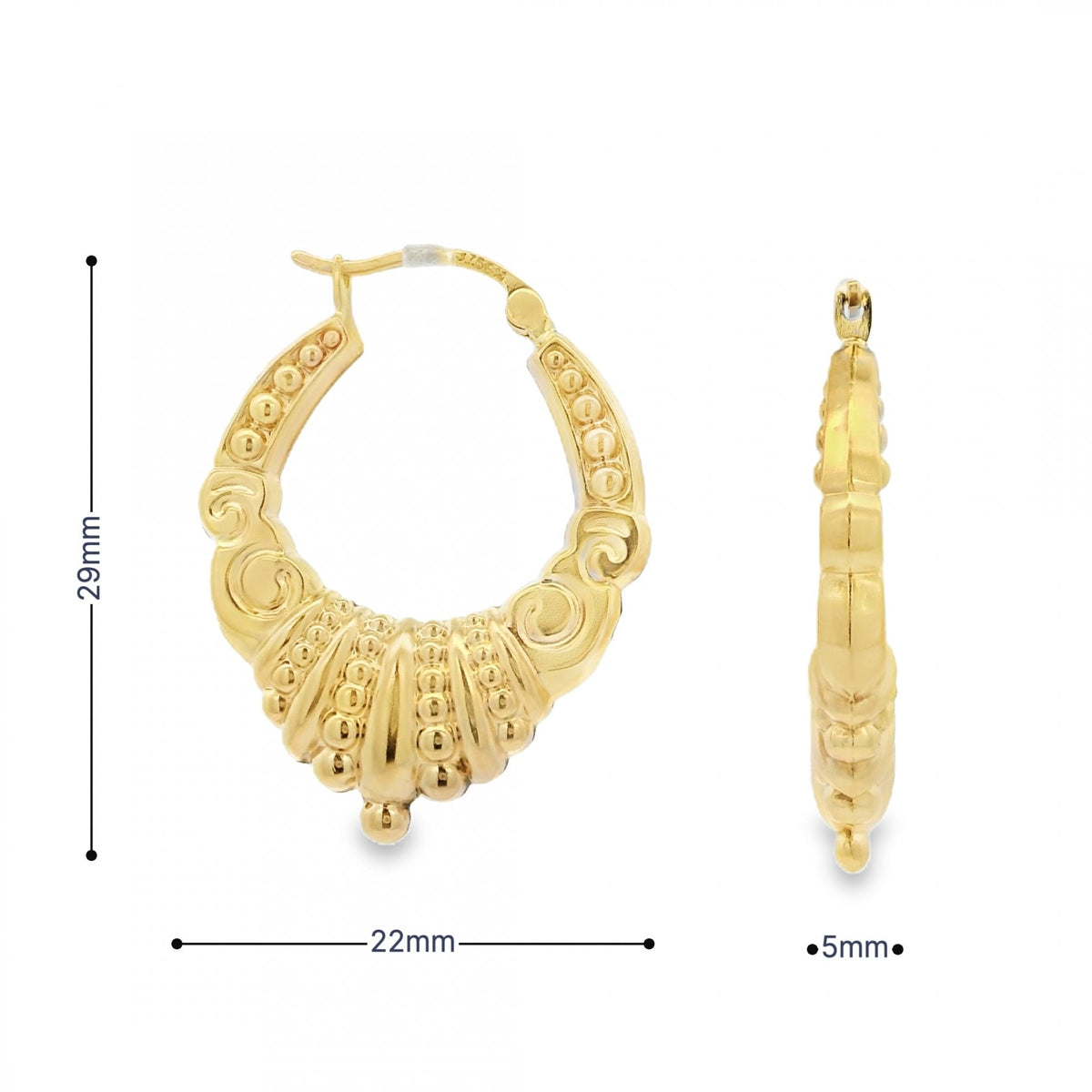 9ct Yellow Gold Creole Earrings - 22x29x5mm - 2.1g