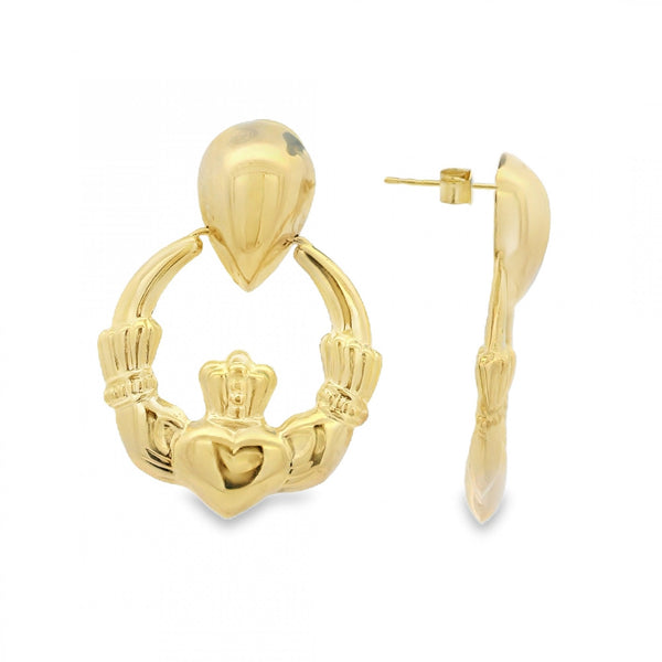 9ct Yellow Gold Claddagh Knocker Earrings - 24x34x4mm - 3.1g