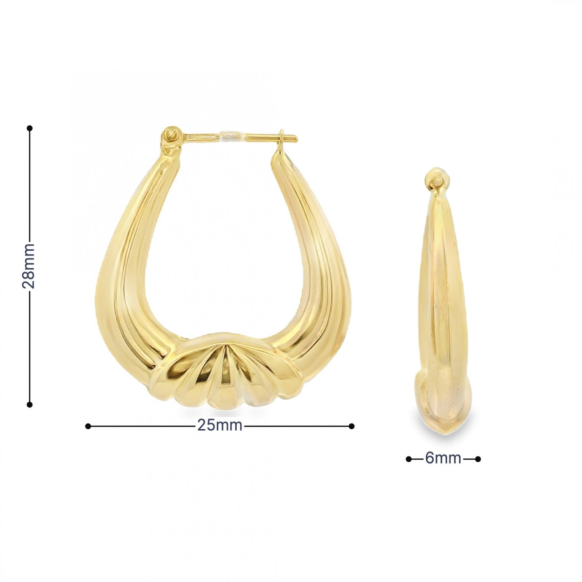 9ct Yellow Gold Fan Creole Earrings - 25x28x6mm - 2.6g