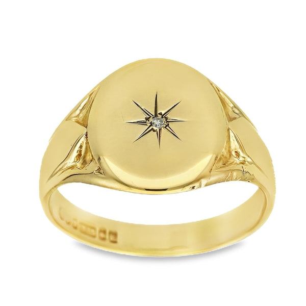 9ct Yellow Gold Diamond Starburst Signet Ring - Size T - 14mm