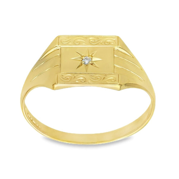 9ct Yellow Gold Square Diamond Starburst Signet Ring - Size Z