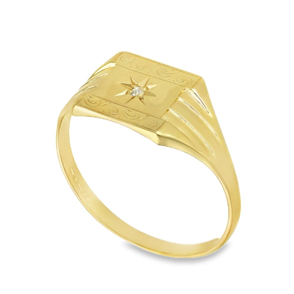 9ct Yellow Gold Square Diamond Starburst Signet Ring - Size Z