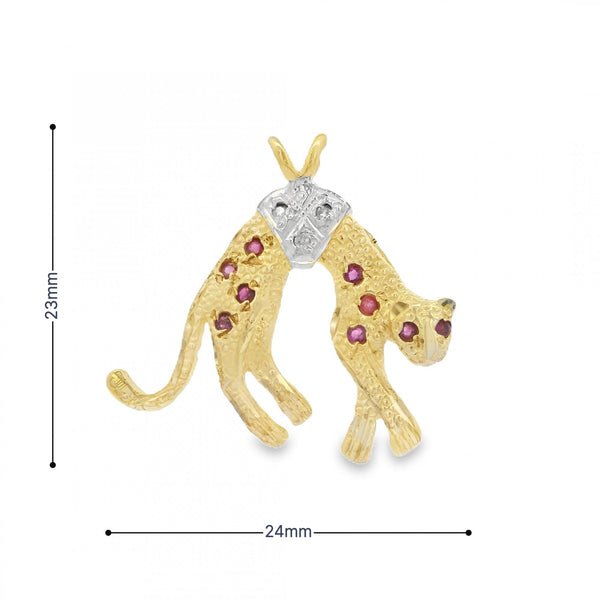 9ct Yellow Gold Ruby & Diamond Leopard Pendant - 24x23mm - 1.9g