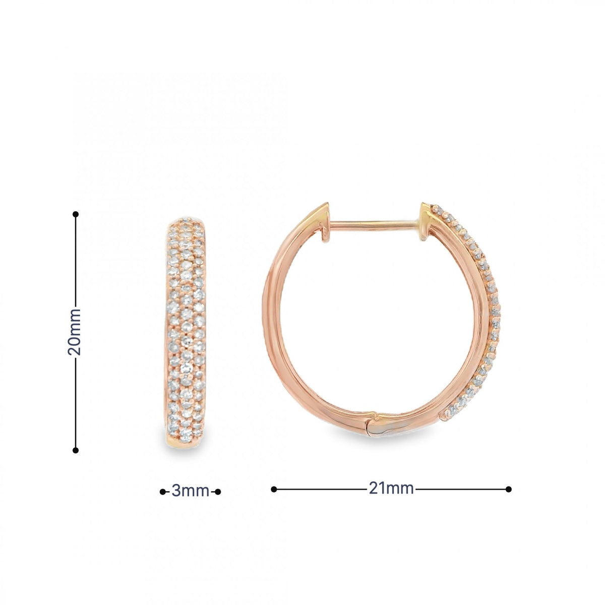 9ct Rose Gold Diamond Hoop Earrings - 21x20x3mm - 0.50ct