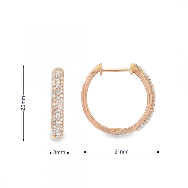 9ct Rose Gold Diamond Hoop Earrings - 21x20x3mm - 0.50ct