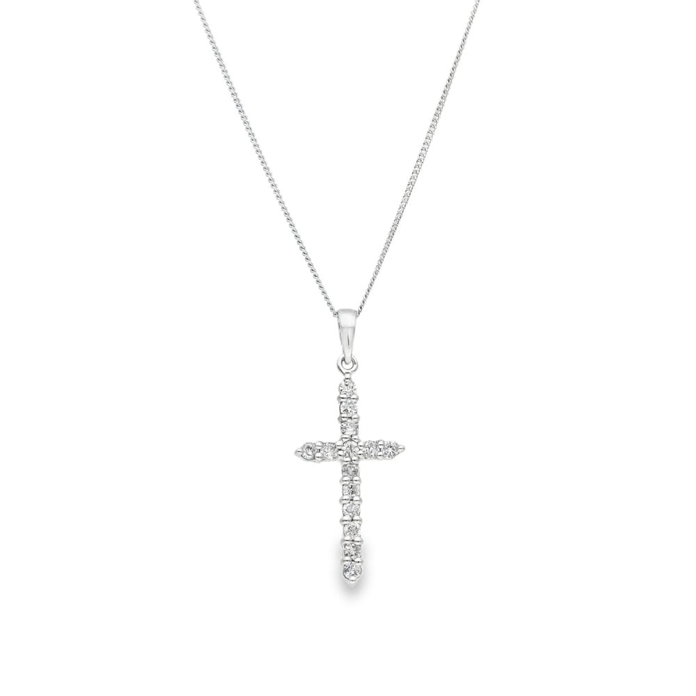 9ct White Gold Diamond Cross Pendant & Necklace - 20" - 0.42ct