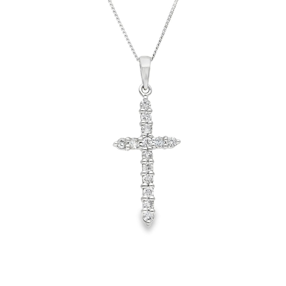 9ct White Gold Diamond Cross Pendant & Necklace - 20" - 0.42ct
