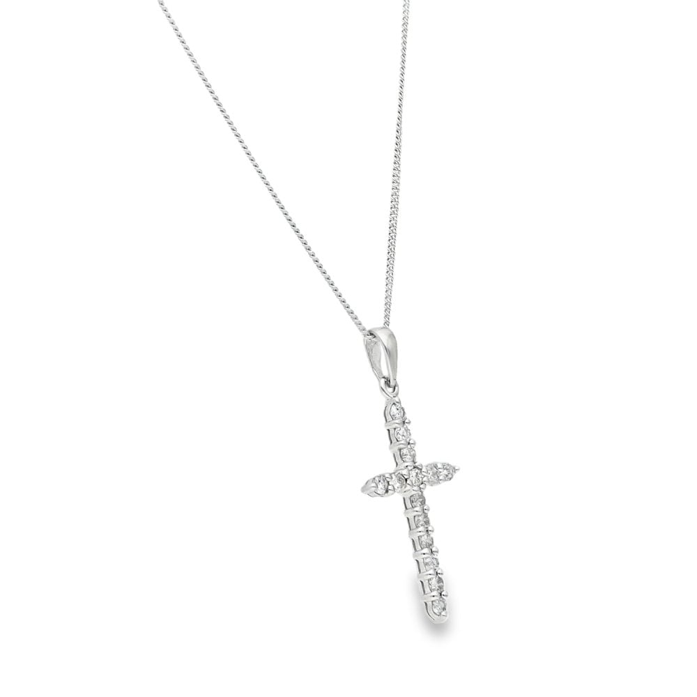 9ct White Gold Diamond Cross Pendant & Necklace - 20" - 0.42ct