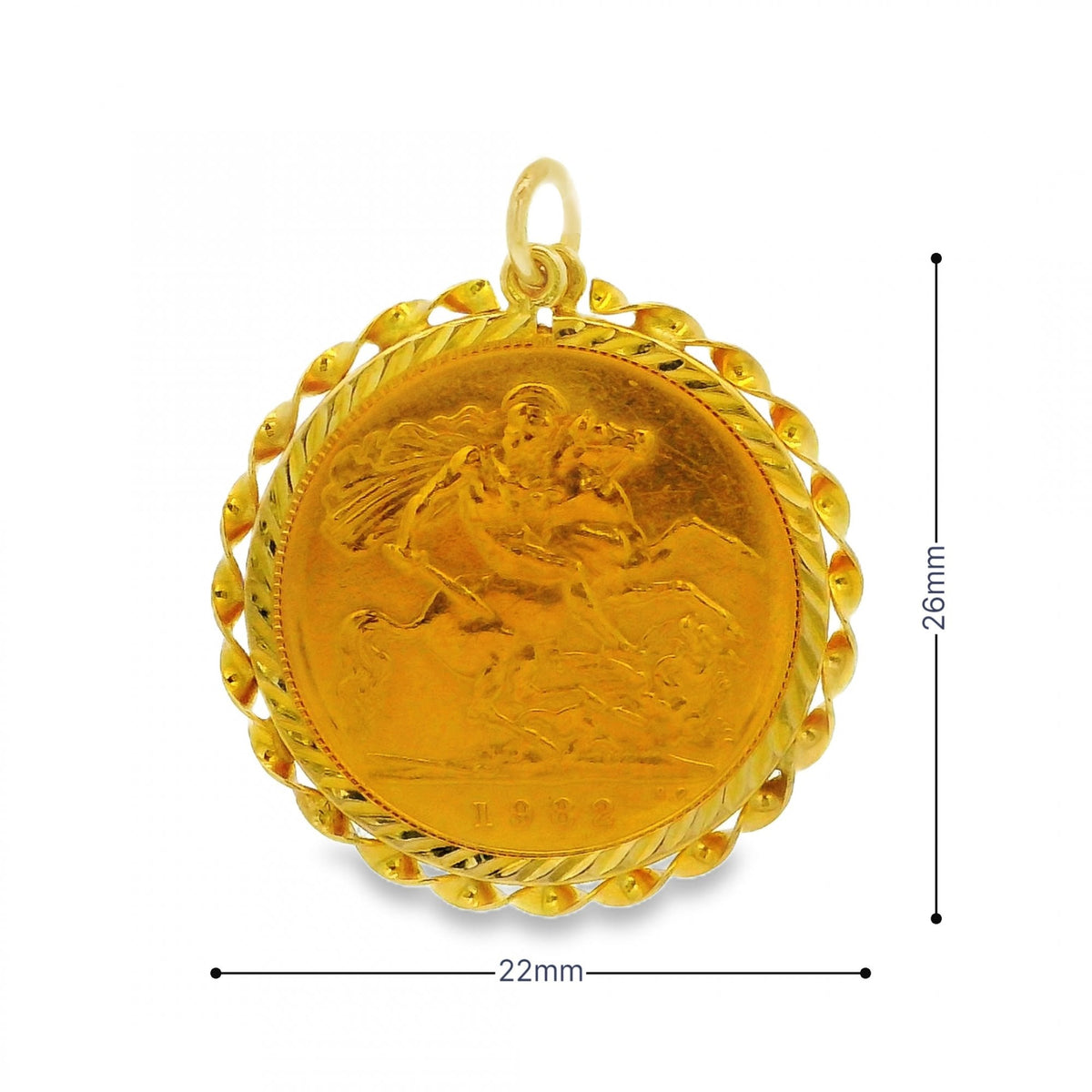 1982 Yellow Gold Half Sovereign Coin Pendant - 22x26mm - 4.8g