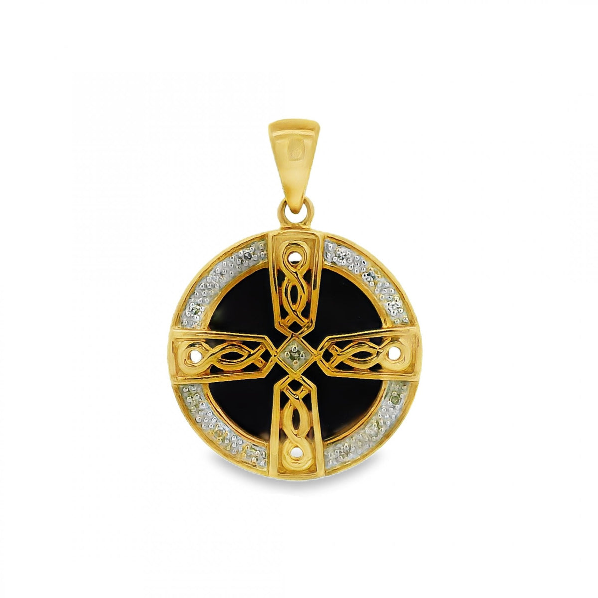 9ct Yellow Gold Diamond & Onyx Cross Pendant - 20x22x3mm - 4.8g