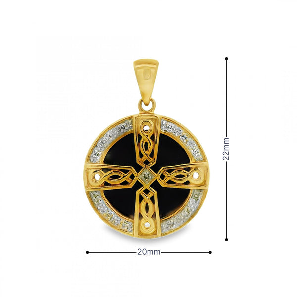 9ct Yellow Gold Diamond & Onyx Cross Pendant - 20x22x3mm - 4.8g