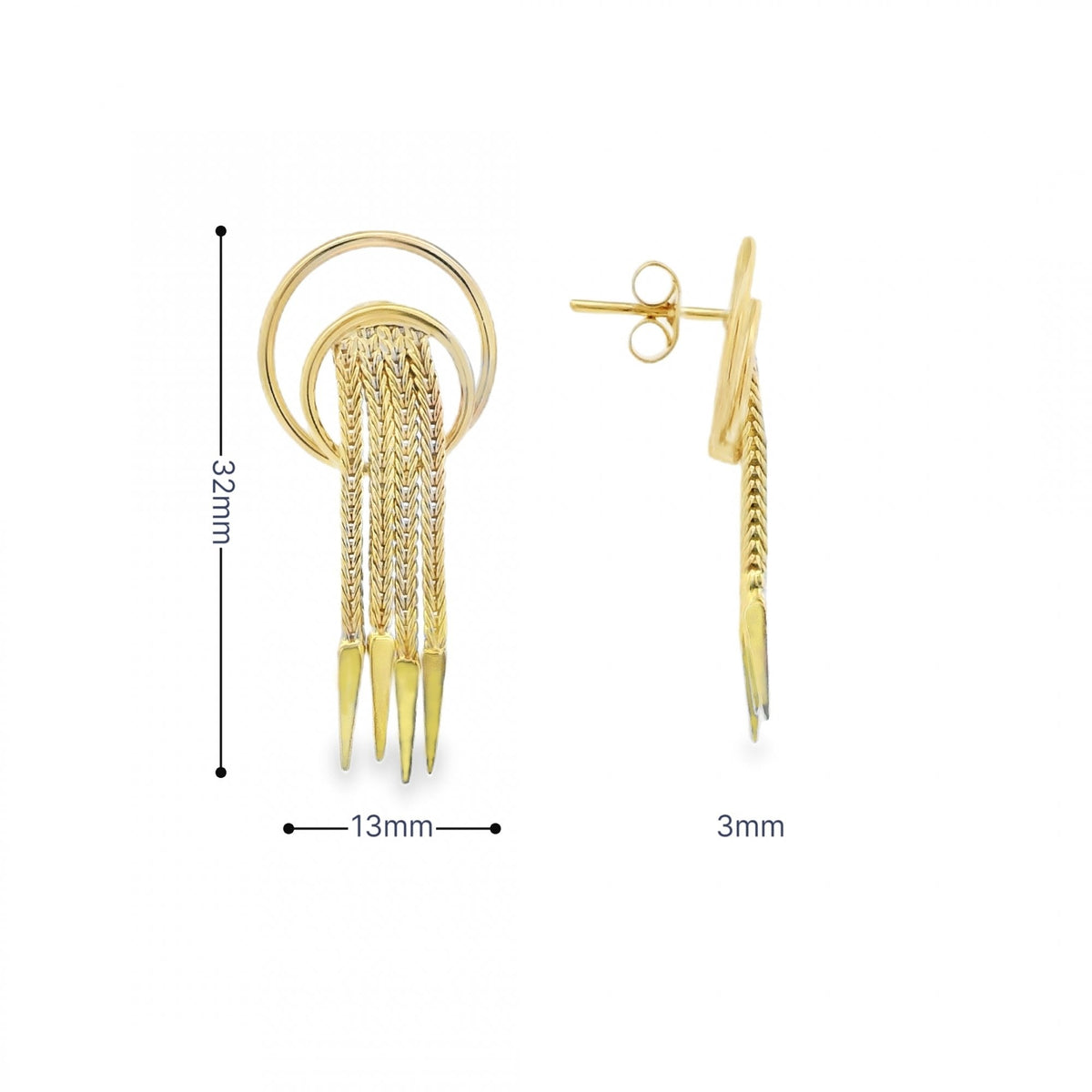 9ct Yellow Gold 4x Foxtail Drop Earrings - 13x32mm - 4.5g