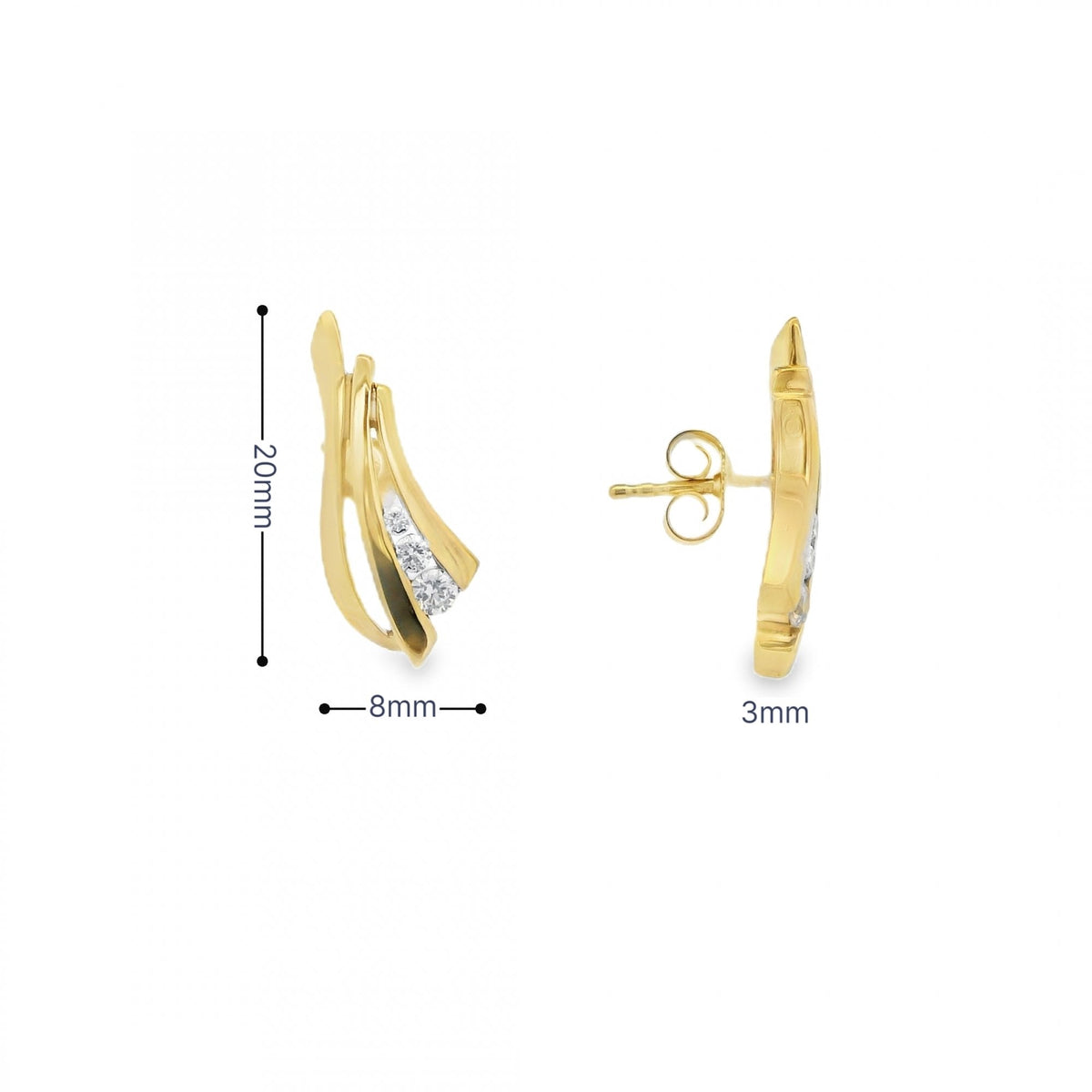 9ct Yellow Gold Cubic Zirconia Fan Stud Earrings - 8x20mm - 3.1g