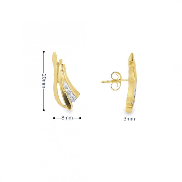 9ct Yellow Gold Cubic Zirconia Fan Stud Earrings - 8x20mm - 3.1g