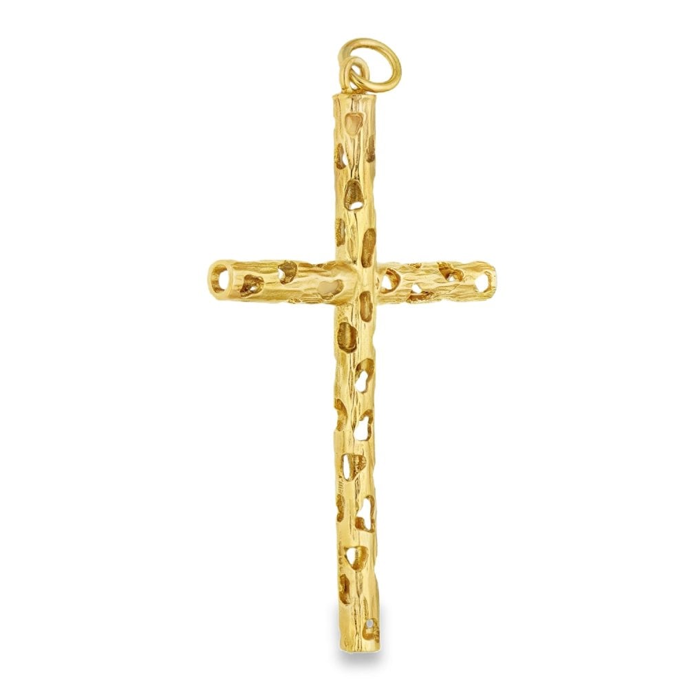 9ct Yellow Gold Hollow Tube Bark Cross Pendant - 32x49x4mm -4.1g