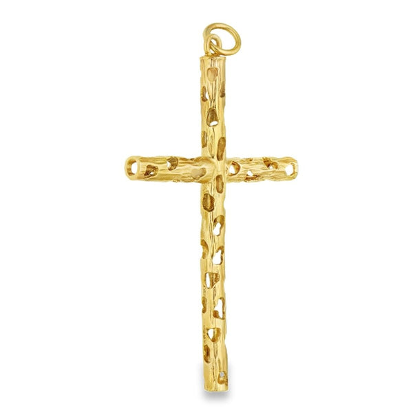 9ct Yellow Gold Hollow Tube Bark Cross Pendant - 32x49x4mm -4.1g