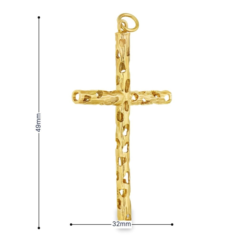 9ct Yellow Gold Hollow Tube Bark Cross Pendant - 32x49x4mm -4.1g