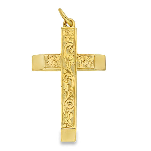 9ct Yellow Gold Feather Engraved Cross Pendant - 20x32x2mm -4.5g