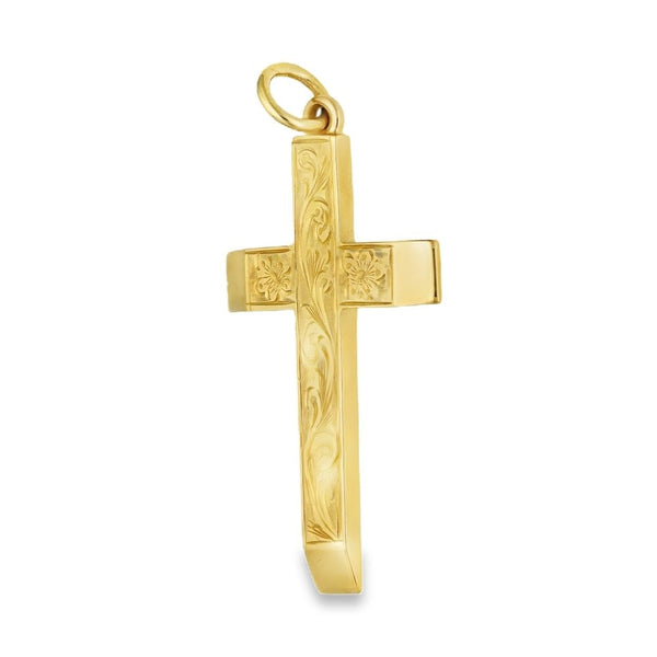 9ct Yellow Gold Feather Engraved Cross Pendant - 20x32x2mm -4.5g