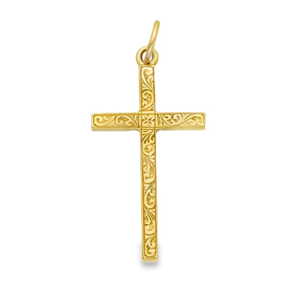 9ct Yellow Gold Feather Engraved Cross Pendant - 17x30x2mm -2.6g