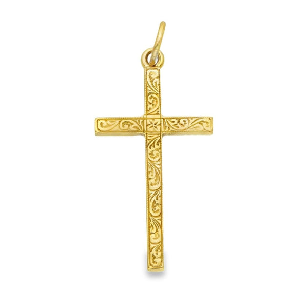 9ct Yellow Gold Feather Engraved Cross Pendant - 17x30x2mm -2.6g