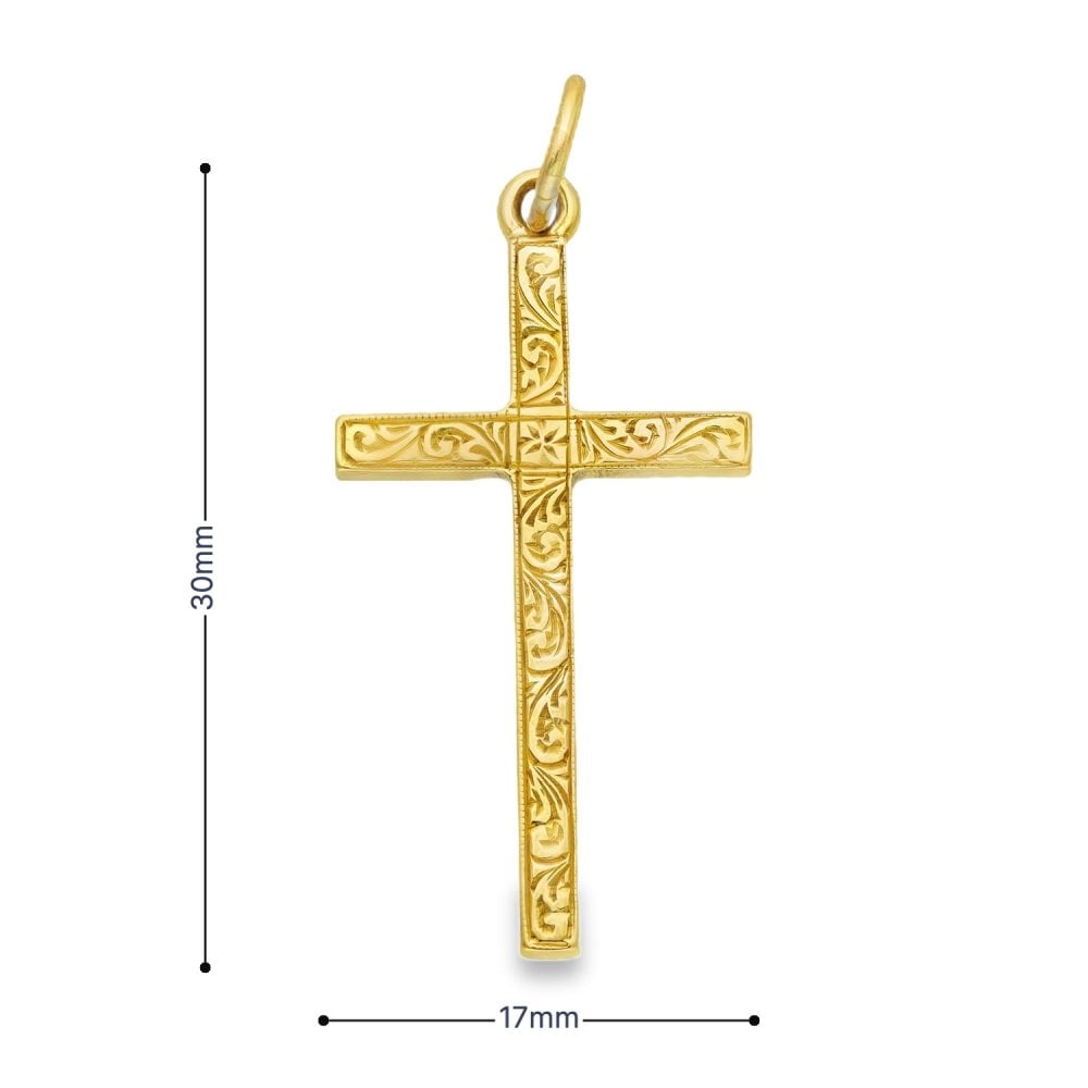 9ct Yellow Gold Feather Engraved Cross Pendant - 17x30x2mm -2.6g