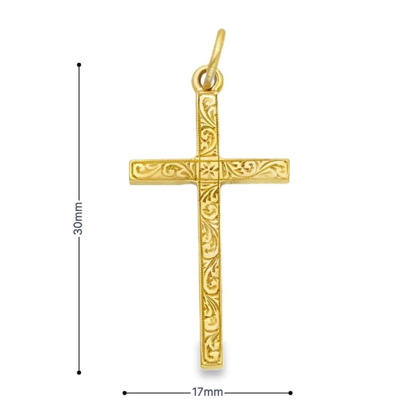 9ct Yellow Gold Feather Engraved Cross Pendant - 17x30x2mm -2.6g