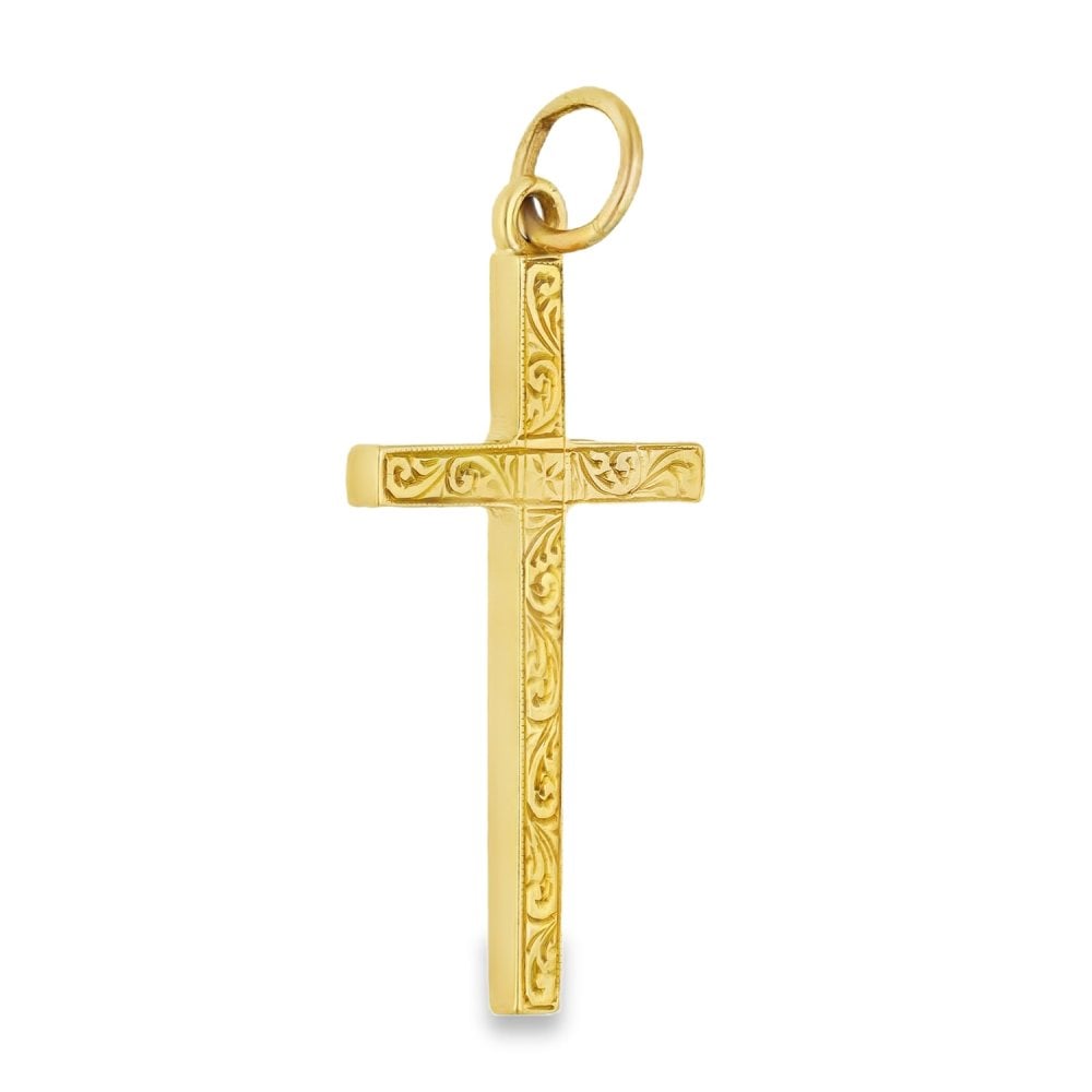 9ct Yellow Gold Feather Engraved Cross Pendant - 17x30x2mm -2.6g
