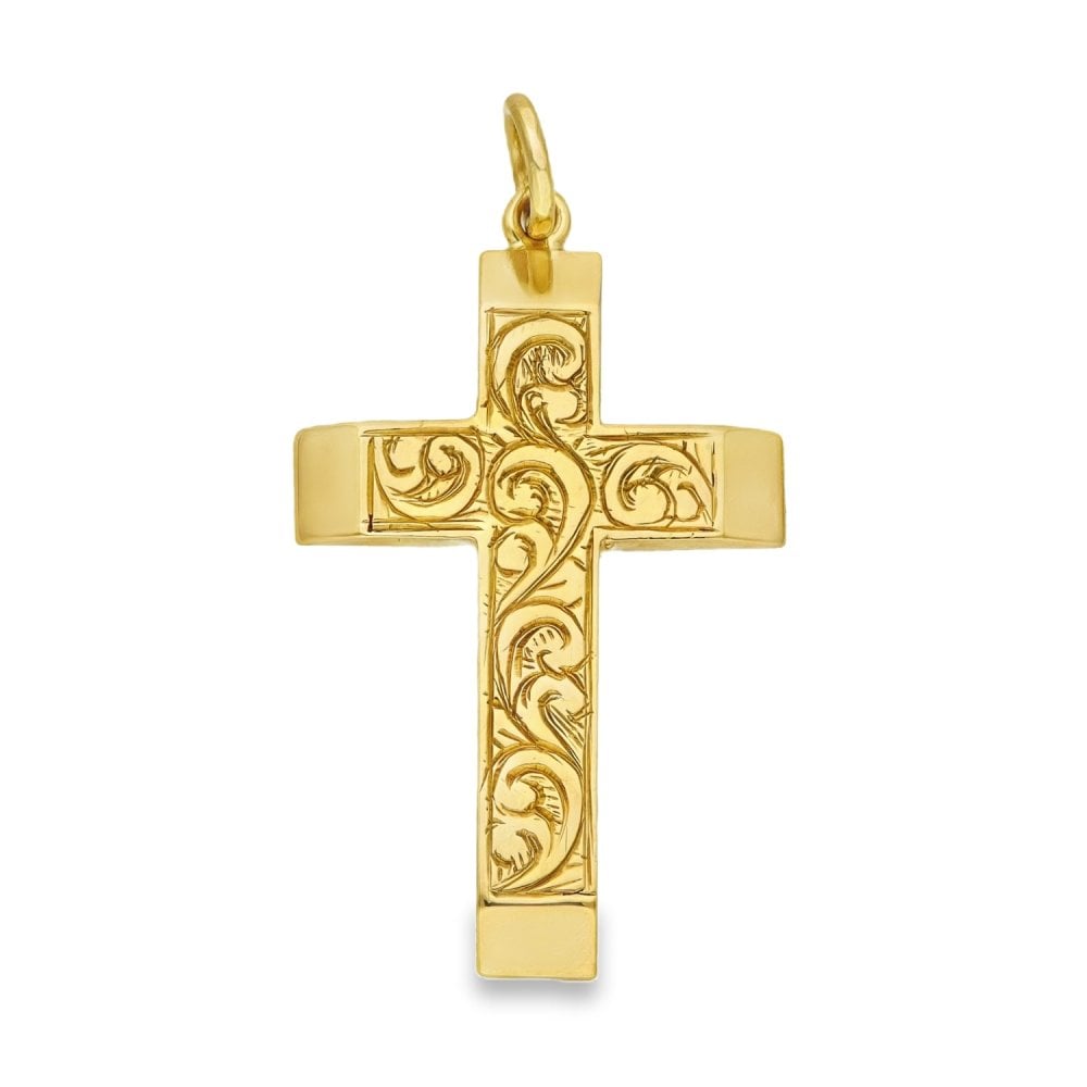 9ct Yellow Gold Feather Engraved Cross Pendant - 21x34x2mm -5.7g