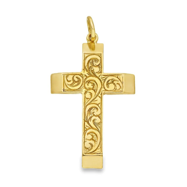 9ct Yellow Gold Feather Engraved Cross Pendant - 21x34x2mm -5.7g